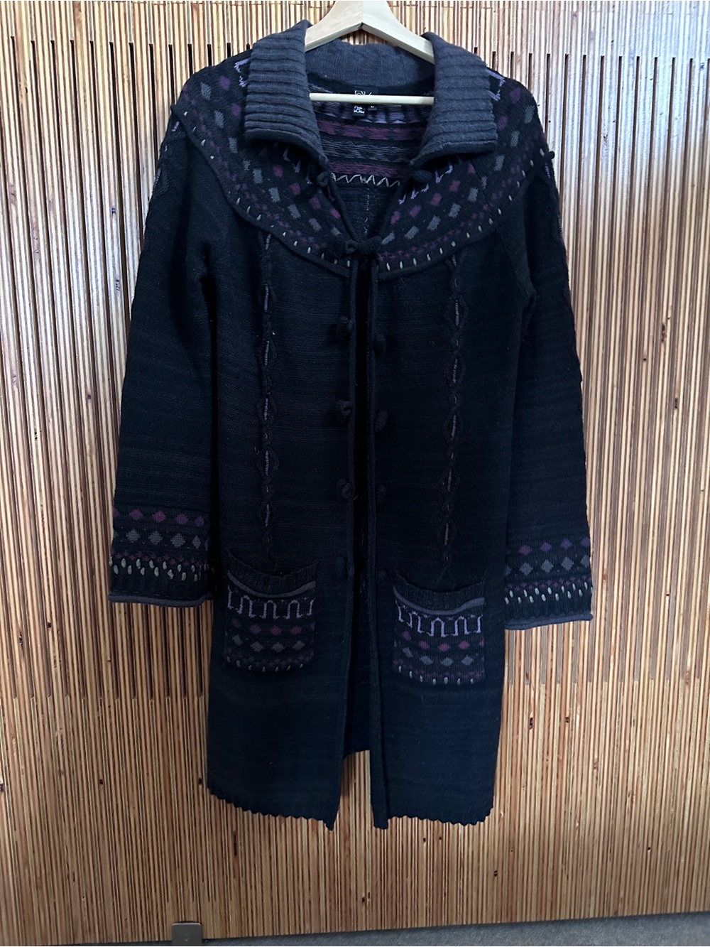 Women's Black Long Knit Cardigan with Purple Accent Detailing art to wear